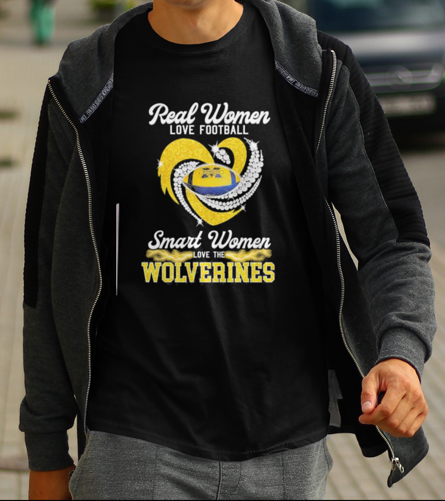 Real Women Love Football Smart Women Love The Wolverines Sparkling Heart Football T-Shirt