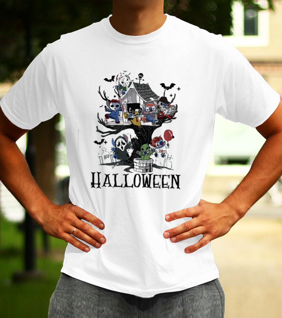 Halloween Stitch Horror Movie Characters Treehouse Scene T-Shirt