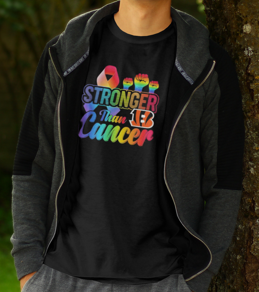 Stronger Than Cancer Cincinnati Bengals NFL Rainbow Ribbon And Fists T-Shirt