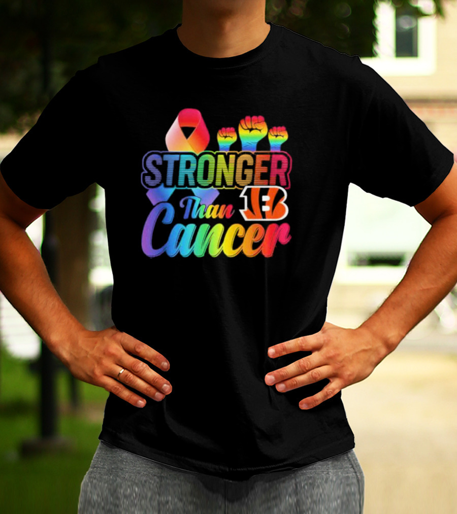 Stronger Than Cancer Cincinnati Bengals NFL Rainbow Ribbon And Fists T-Shirt