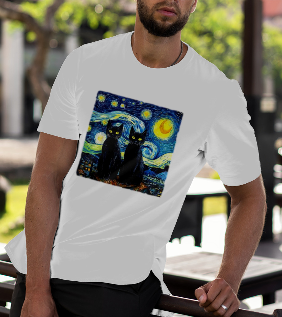 Black Cats Starry Night Vincent Van Gogh Painting Fusion T-Shirt