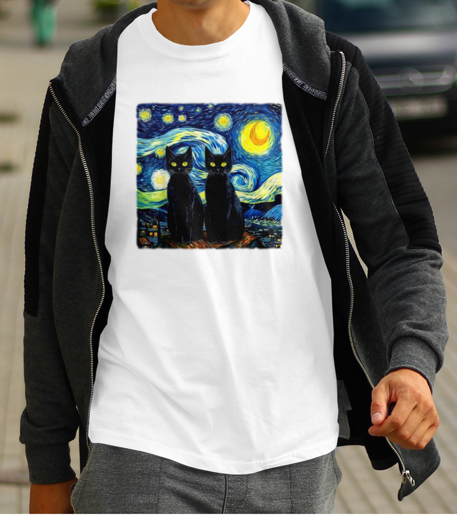 Black Cats Starry Night Vincent Van Gogh Painting Fusion T-Shirt