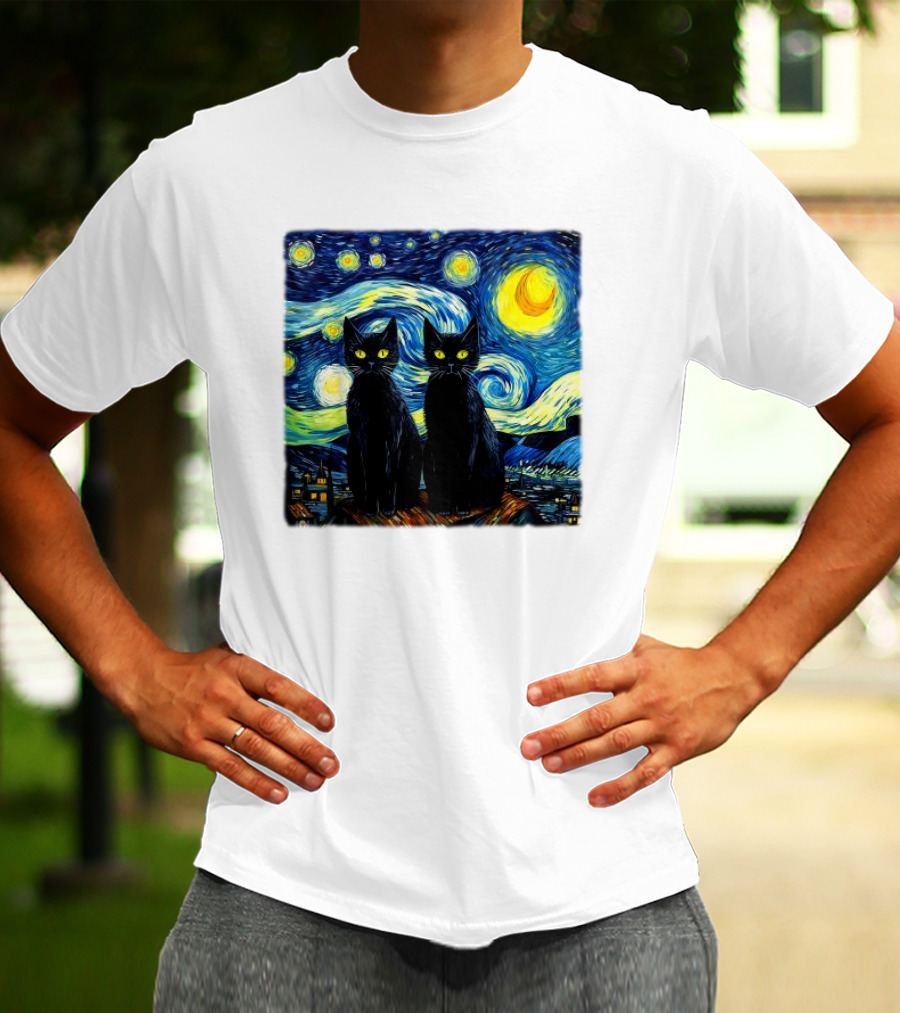 Black Cats Starry Night Vincent Van Gogh Painting Fusion T-Shirt