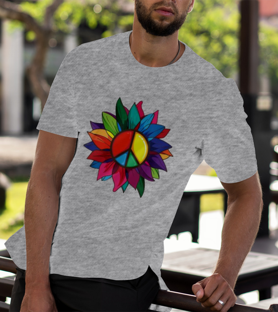 Hippie Rainbow Peace Sign Colorful Flower T-Shirt