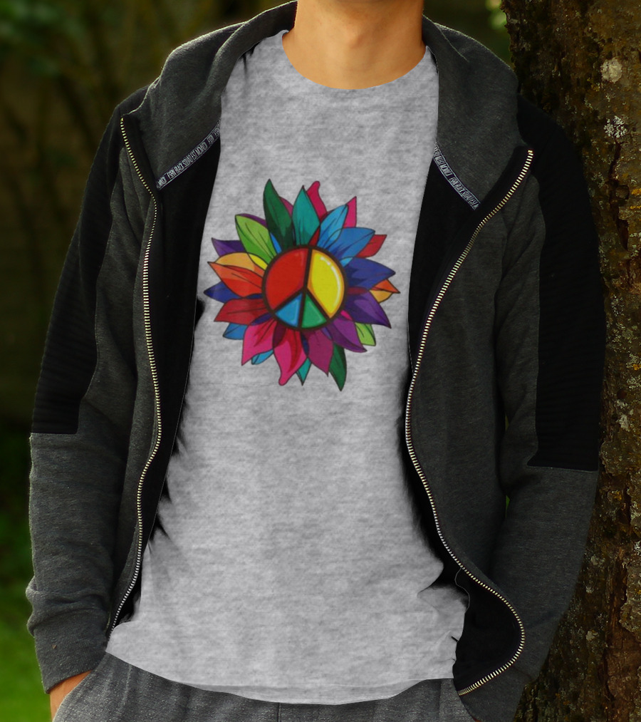 Hippie Rainbow Peace Sign Colorful Flower T-Shirt