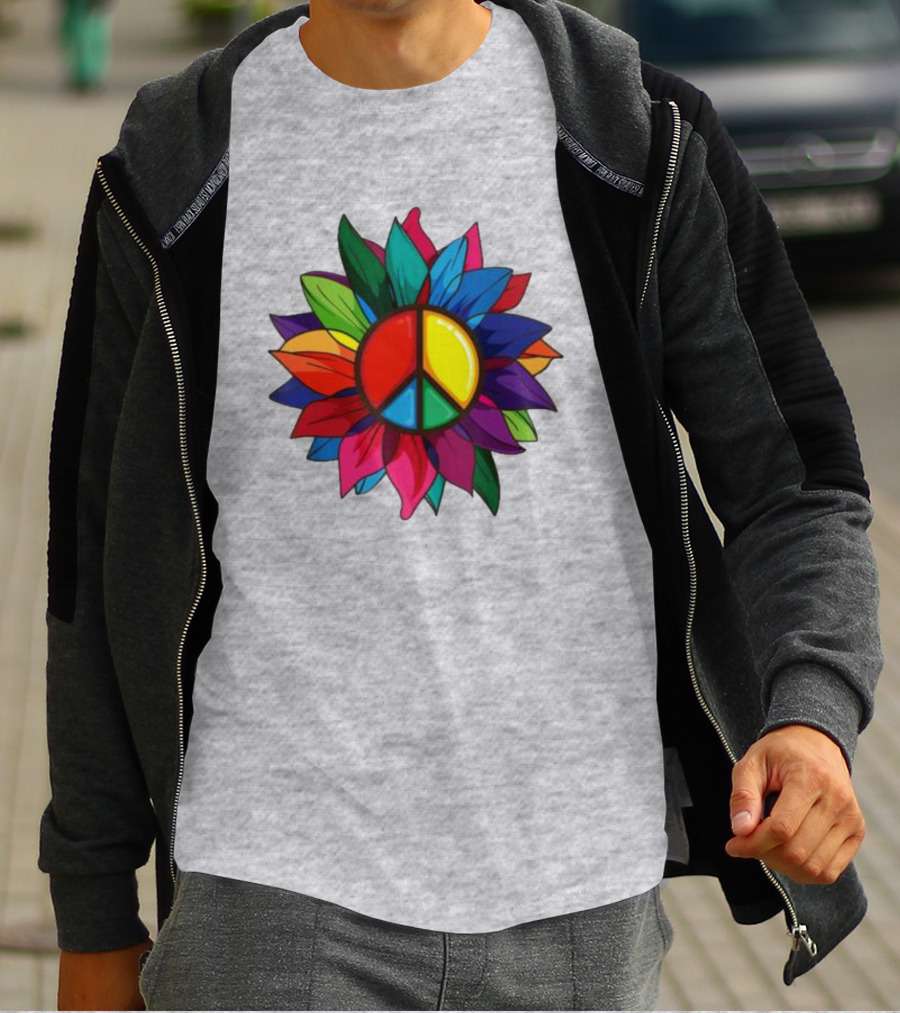 Hippie Rainbow Peace Sign Colorful Flower T-Shirt