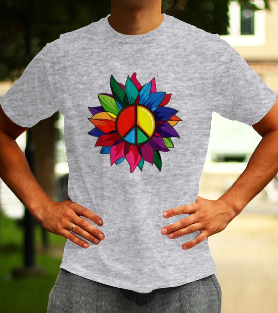 Hippie Rainbow Peace Sign Colorful Flower T-Shirt