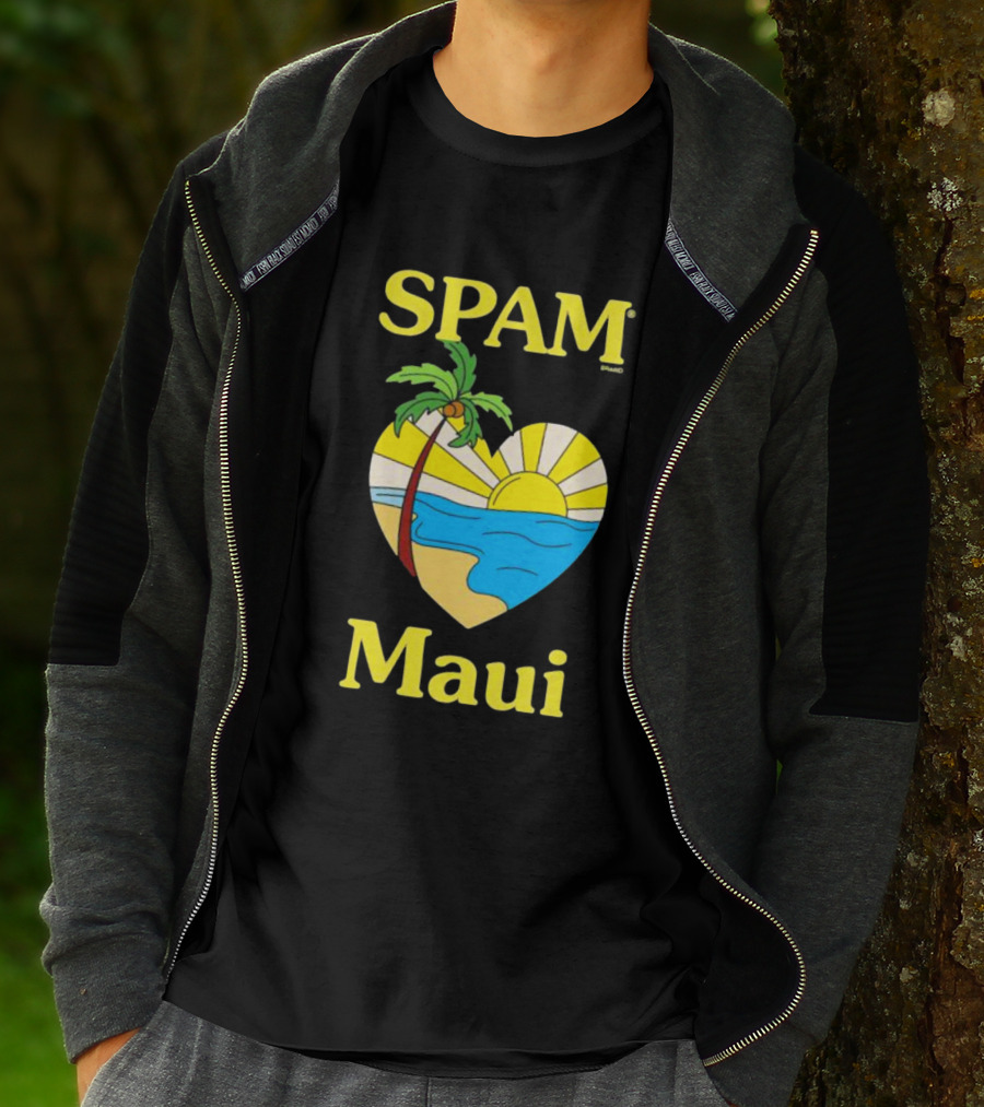 SPAM Brand Maui Heart Beach Sunset And Palm Tree T-Shirt
