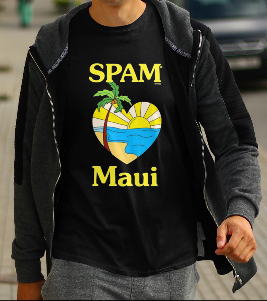 SPAM Brand Maui Heart Beach Sunset And Palm Tree T-Shirt