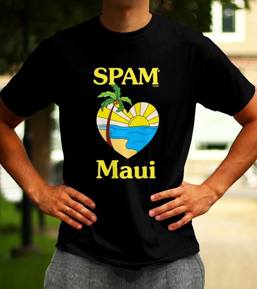 SPAM Brand Maui Heart Beach Sunset And Palm Tree T-Shirt
