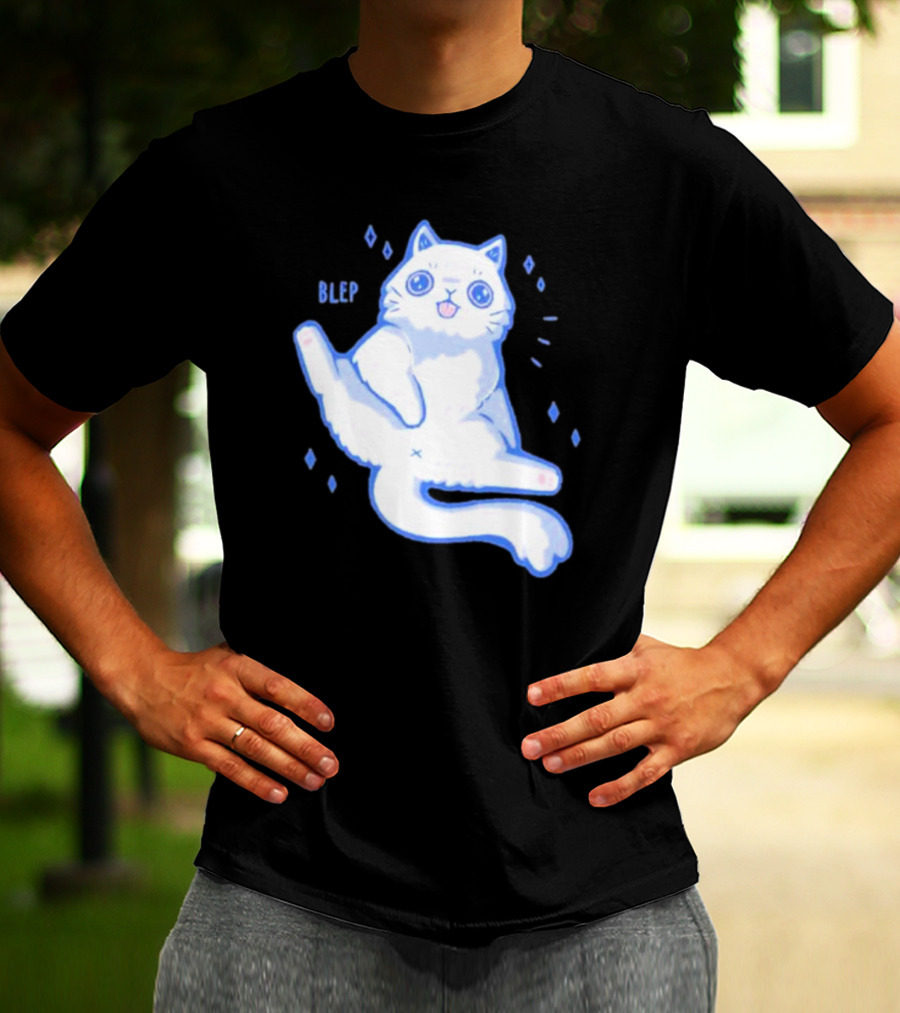 Xmorfina Blep Cute Cat With Tongue Out In Blue And White Cartoon T-Shirt