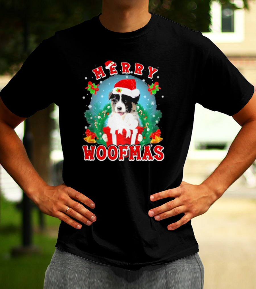 Merry Woofmas Australian Shepherd Dog In Santa Hat With Christmas Gift T-Shirt