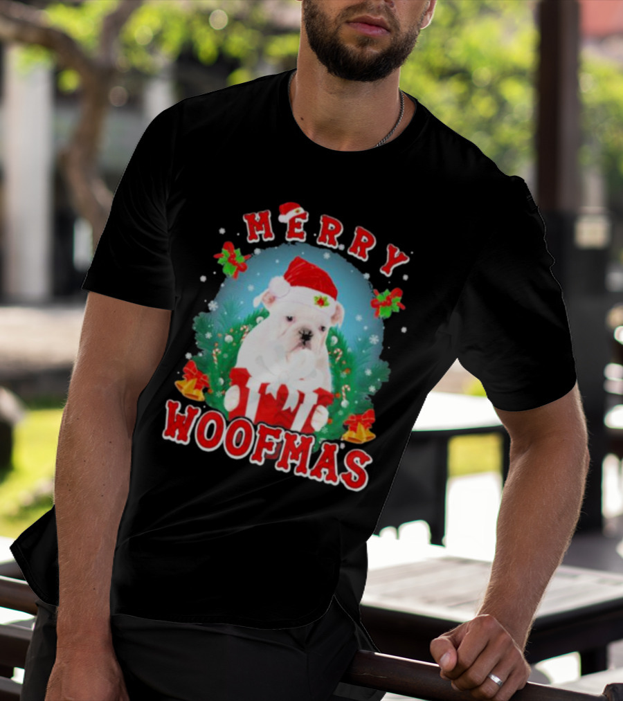 Bulldog In Santa Hat Merry Woofmas With Gifts And Bells T-Shirt
