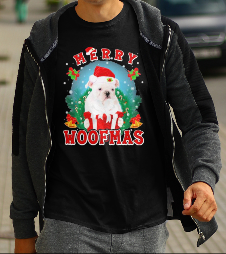 Bulldog In Santa Hat Merry Woofmas With Gifts And Bells T-Shirt