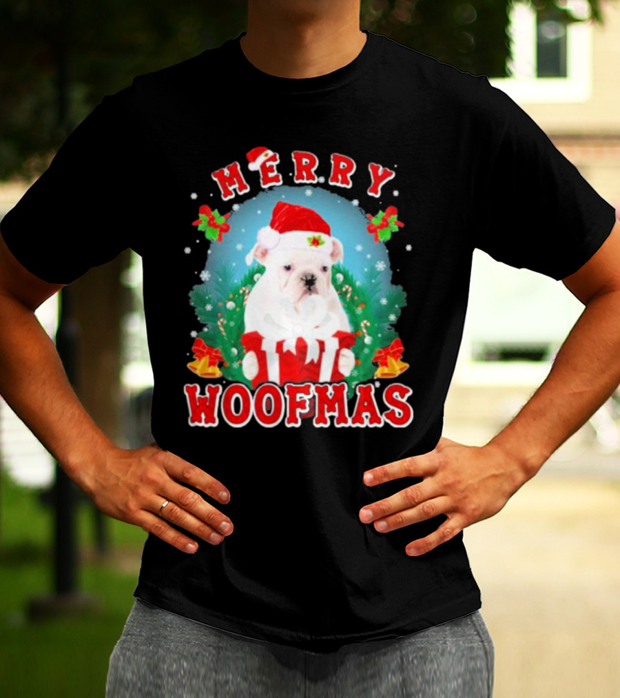 Bulldog In Santa Hat Merry Woofmas With Gifts And Bells T-Shirt