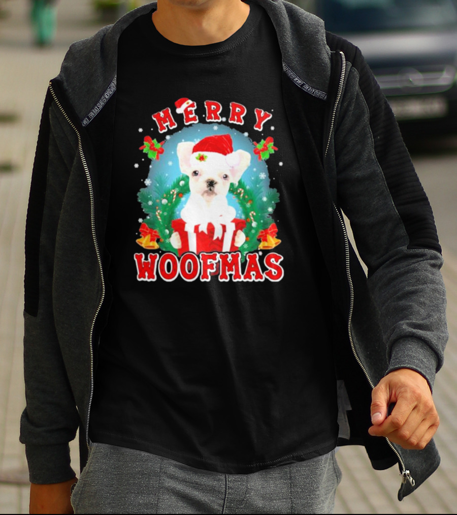 French Bulldog Merry Woofmas Holiday Joy Santa Hat Clematis Snow Christmas Wreath T-Shirt
