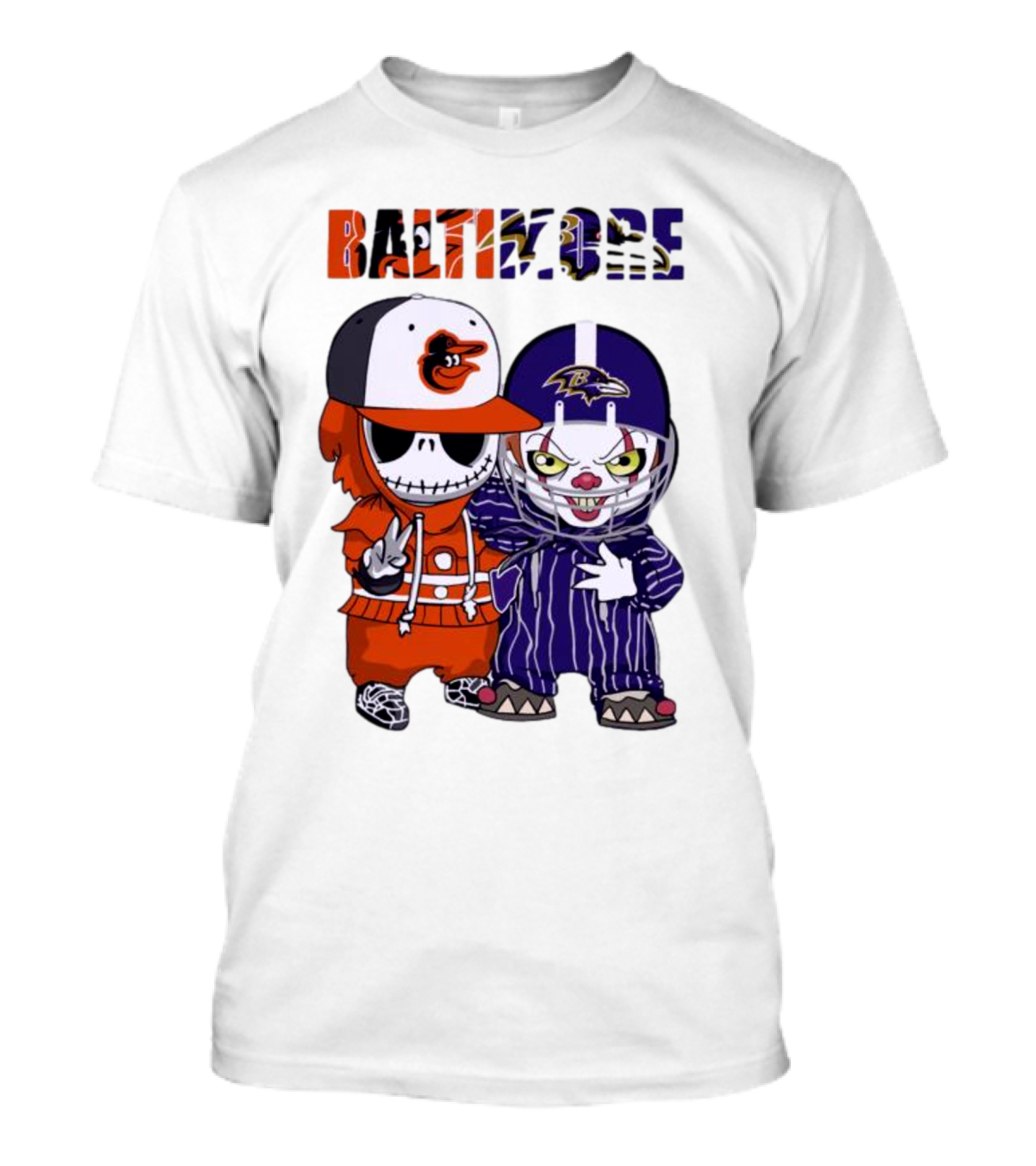 Baby Jack Skellington Pennywise Mashup Baltimore Orioles Ravens Halloween T-Shirt