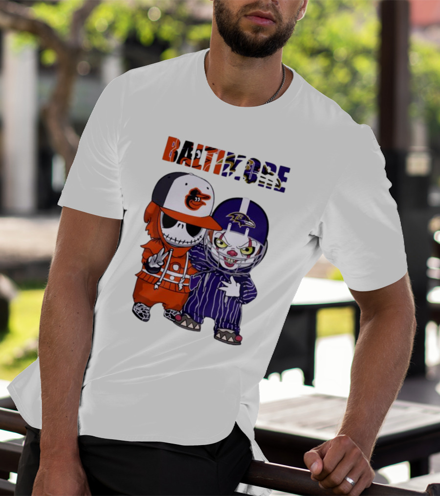 Baby Jack Skellington Pennywise Mashup Baltimore Orioles Ravens Halloween T-Shirt