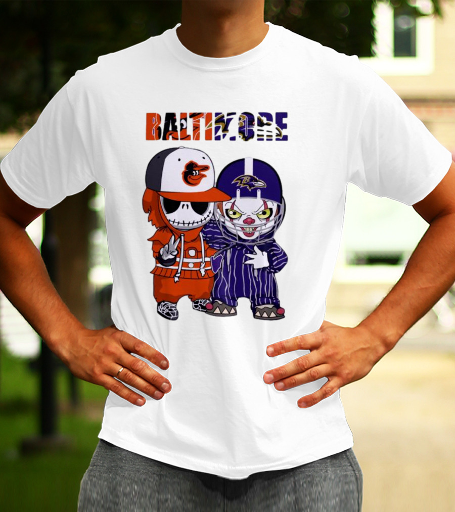Baby Jack Skellington Pennywise Mashup Baltimore Orioles Ravens Halloween T-Shirt