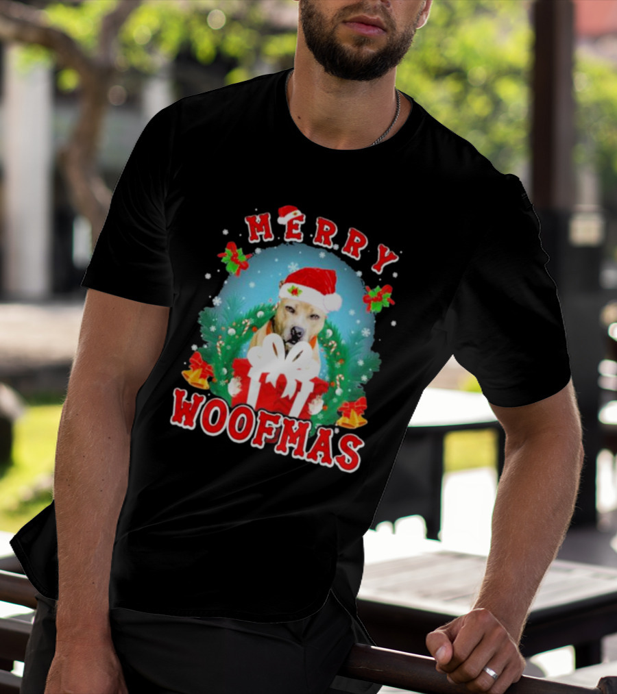 Pitbull Merry Woofmas Santa Hat And Holiday Gift Box T-Shirt