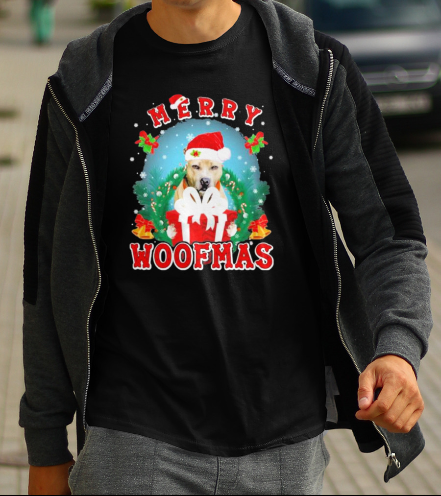 Pitbull Merry Woofmas Santa Hat And Holiday Gift Box T-Shirt