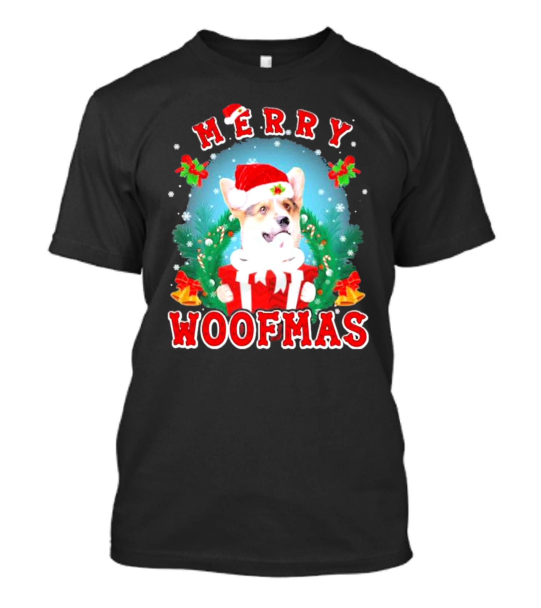 Merry Woofmas Welsh Corgi In Santa Hat With Presents And Christmas Decorations T-Shirt