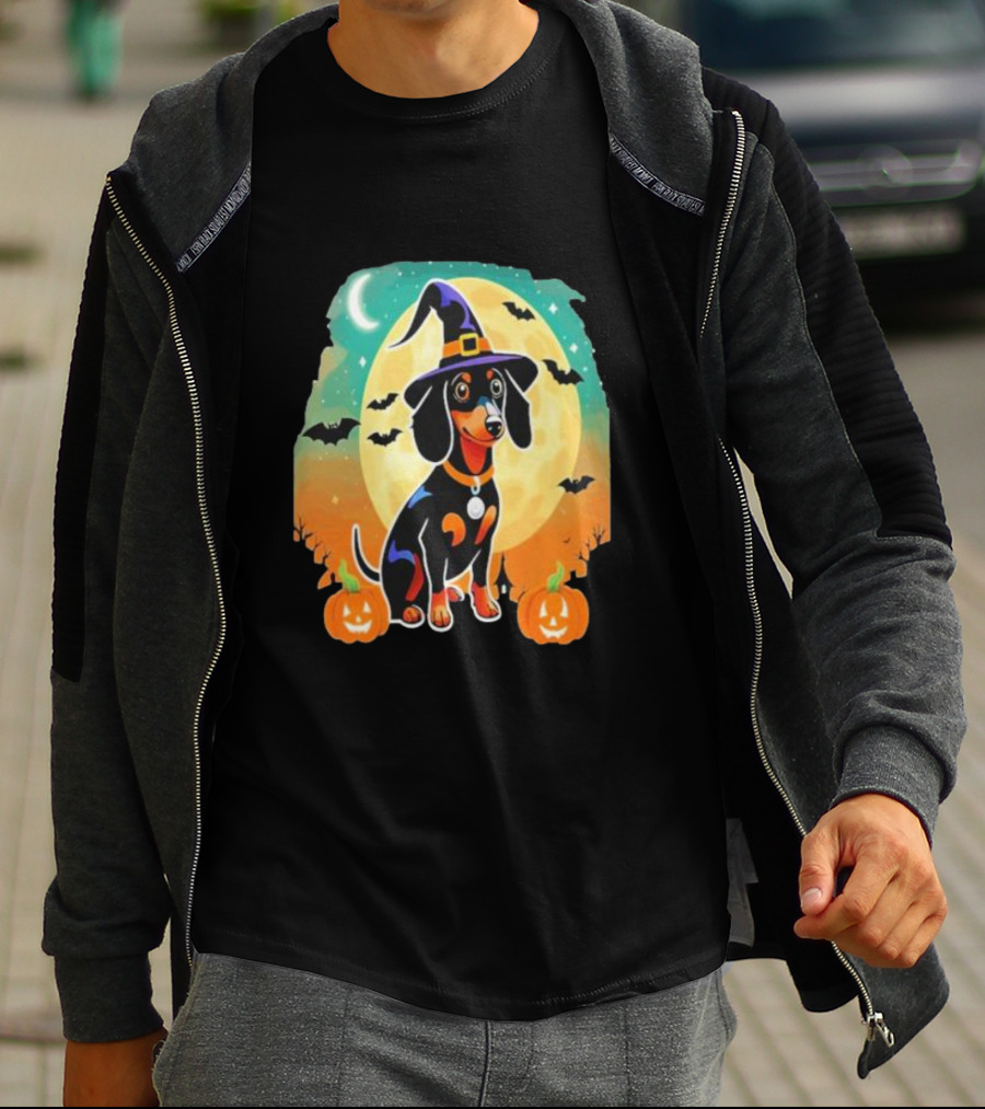 Dachshund Dog Witch Hat Moon Bats Pumpkins T-Shirt