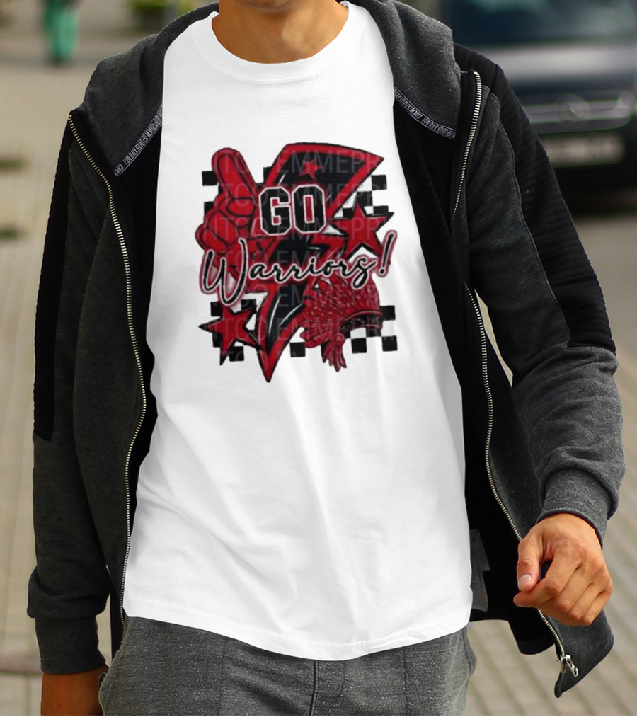 Go Warriors Football Sublimation With Foam Finger And Red Headdress T-Shirt