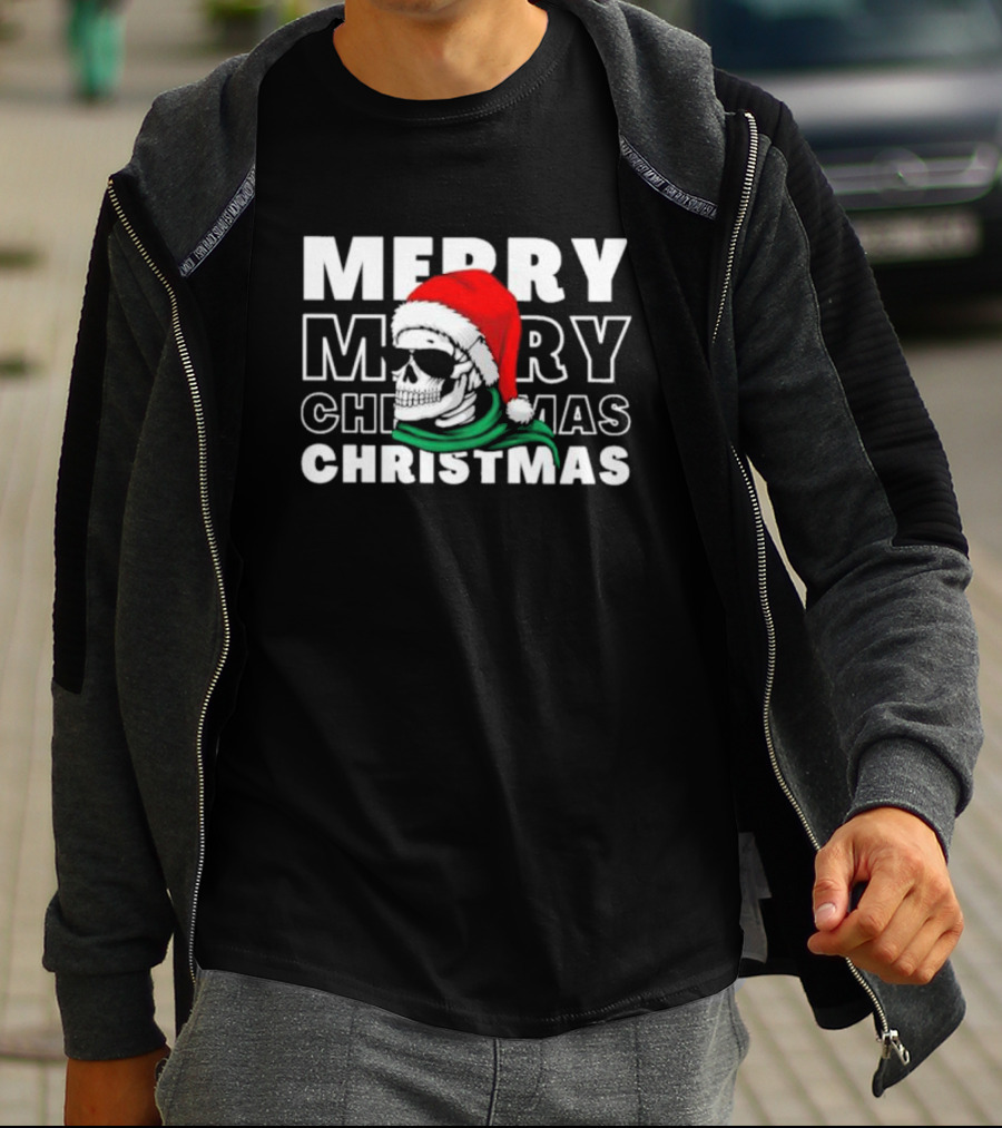 Merry Christmas Skull Santa Hat And Sunglasses T-Shirt