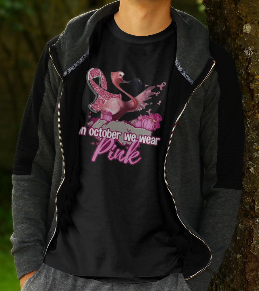 In October We Wear Pink Flamingo Breast Cancer Awareness Halloween T-Shirt