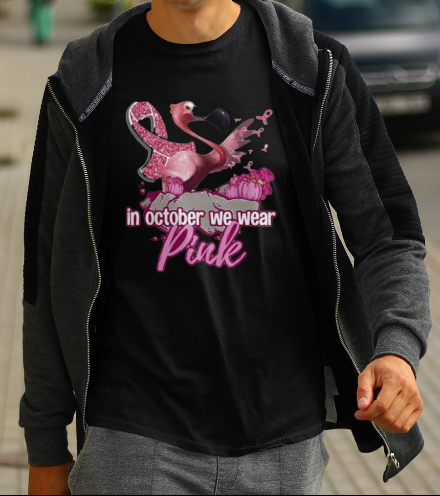 In October We Wear Pink Flamingo Breast Cancer Awareness Halloween T-Shirt