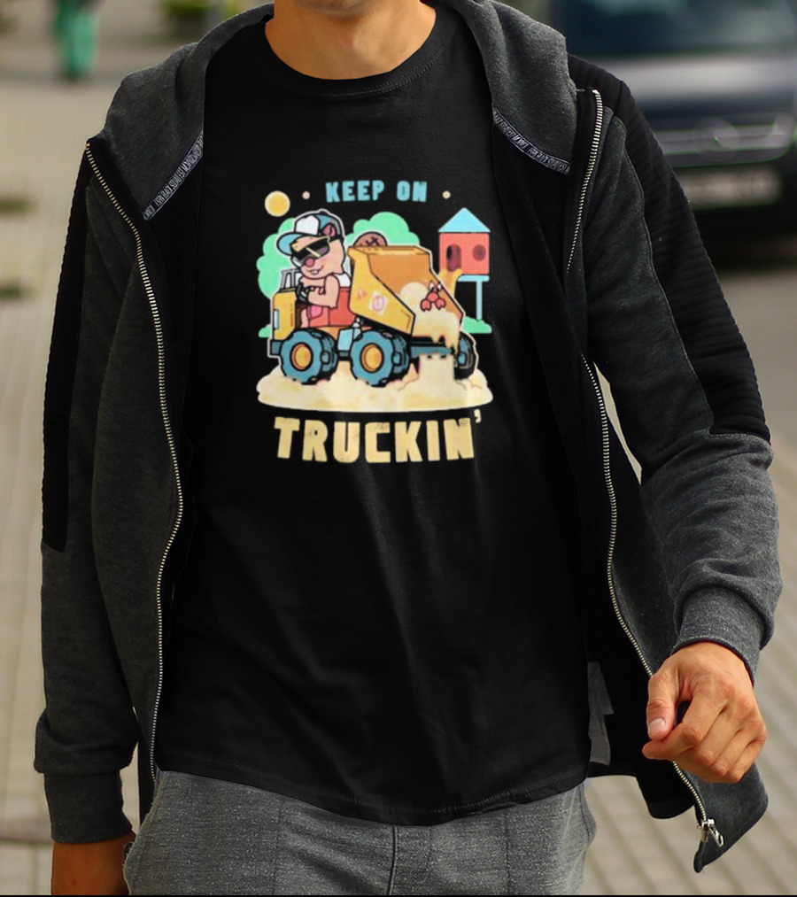 Keep On Truckin’ Cartoon Dog Driving Dump Truck With Doghouse And Sun T-Shirt