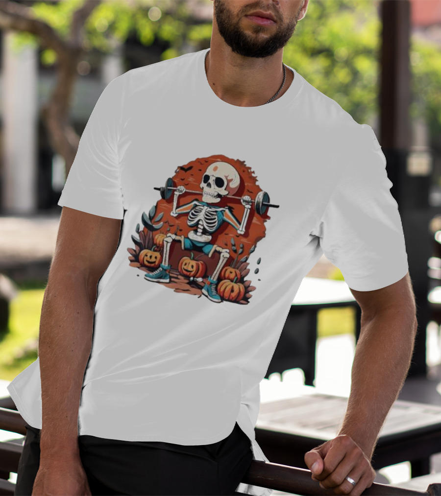Skeleton Lifting Weights With Pumpkins Halloween Fitness T-Shirt
