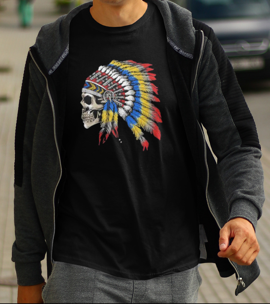 Skull War Chief Colorful Feather Headdress T-Shirt