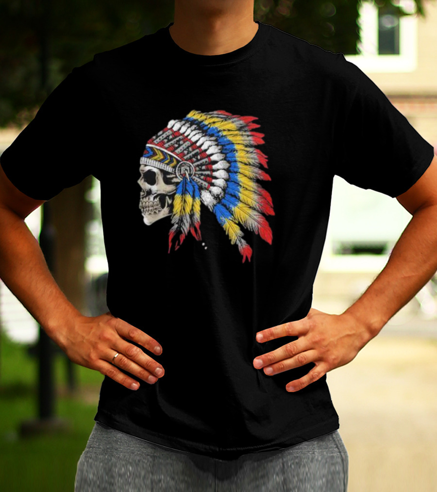 Skull War Chief Colorful Feather Headdress T-Shirt