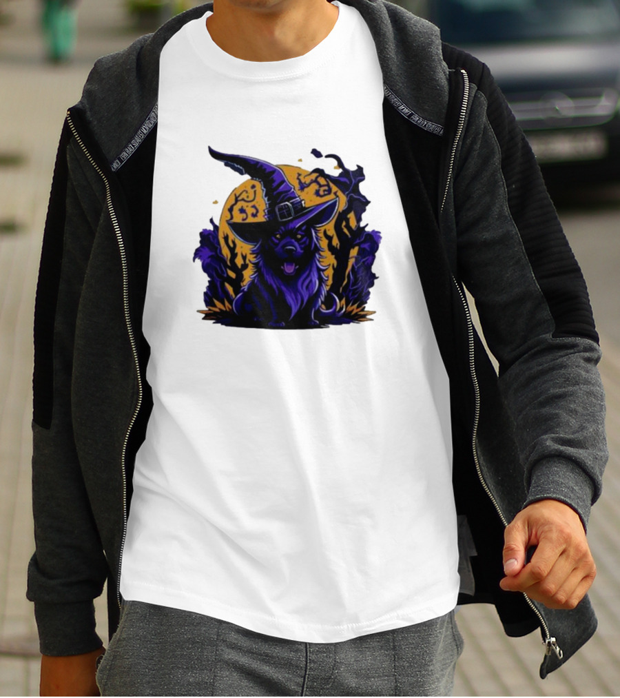 Halloween Witch Dog In Spooky Forest Horror Scene T-Shirt