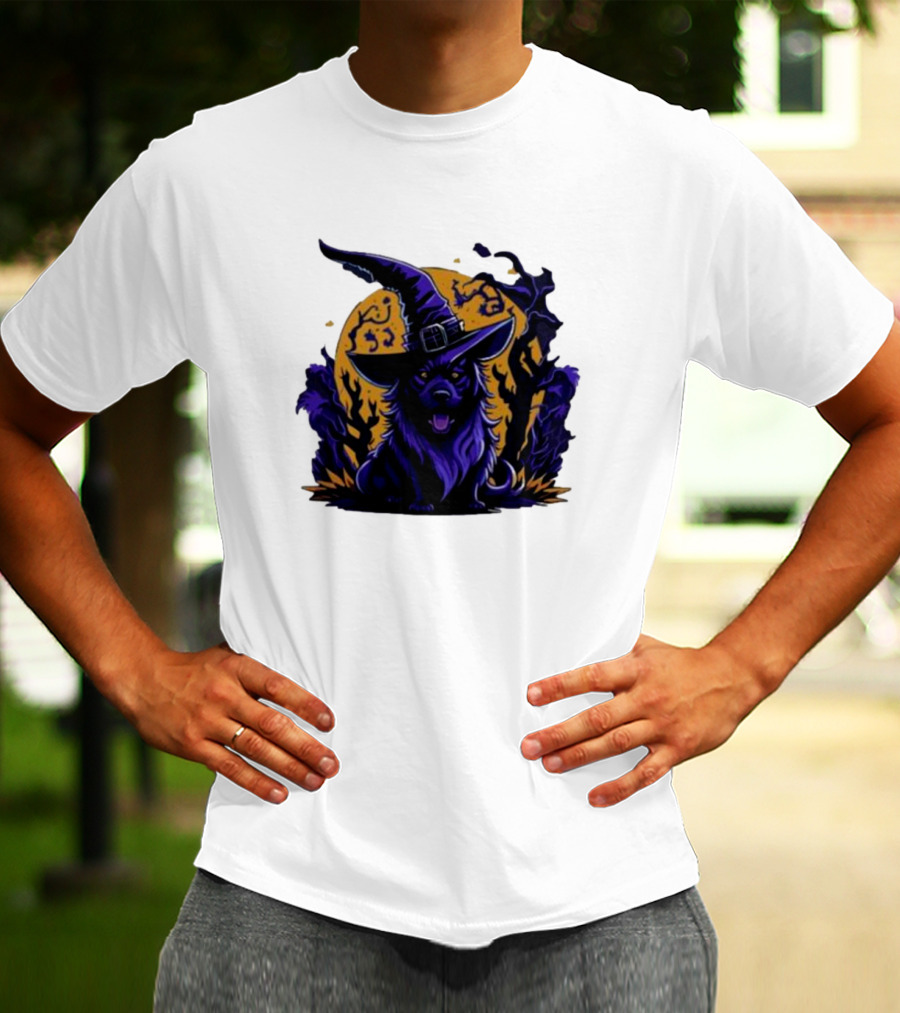 Halloween Witch Dog In Spooky Forest Horror Scene T-Shirt