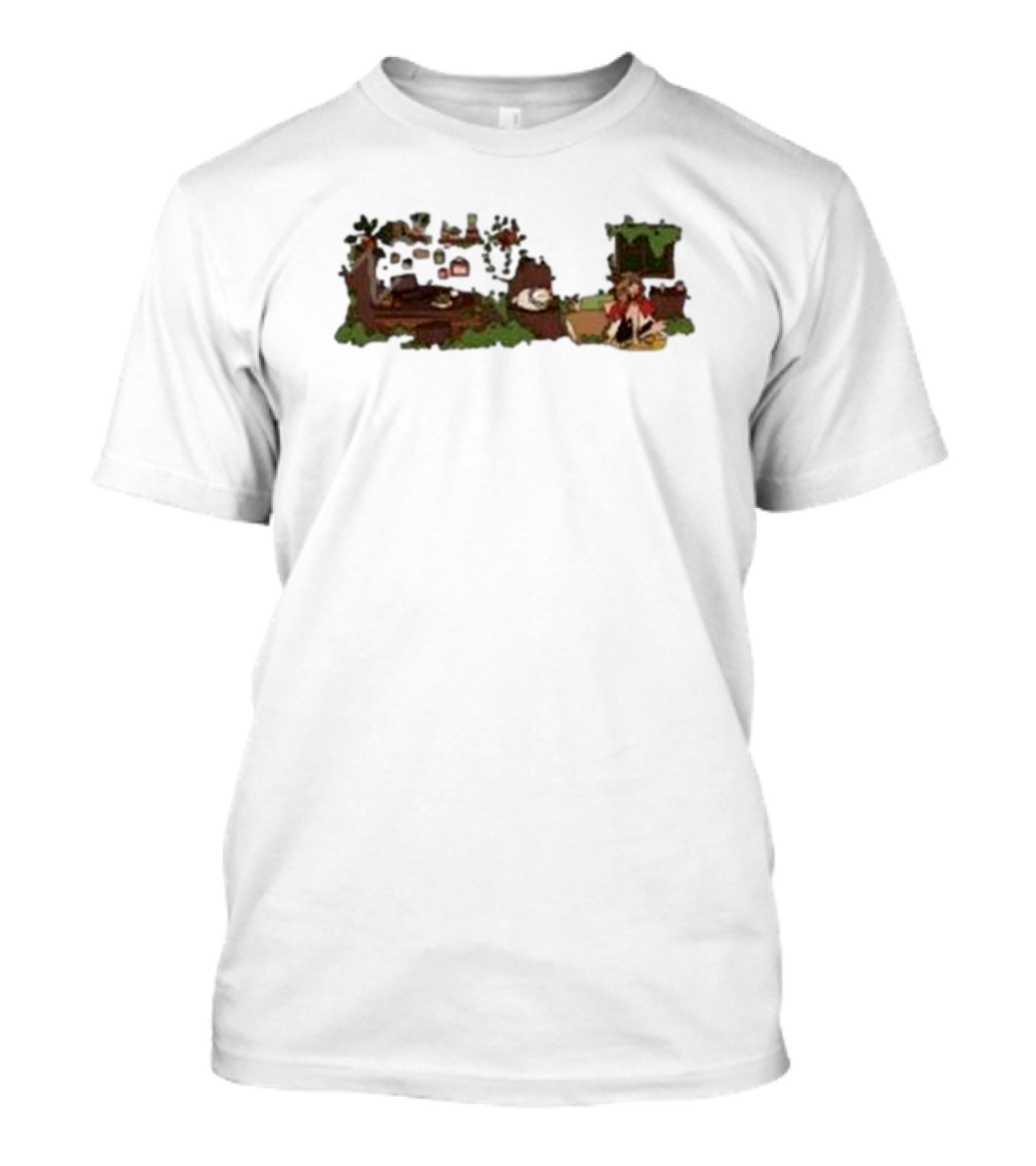 Woodlands Snifferish X Pop Cozy Cottage Scene With Greenery And Logs T-Shirt