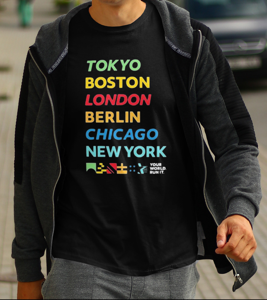 World Marathon Majors Tokyo Boston London Berlin Chicago New York Your World Run It Sportiqe Comfy Tri-blend T-Shirt