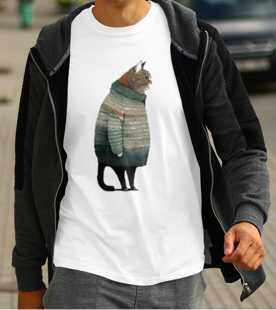 Women’s Winter Cat In Cozy Sweater Print T-Shirt