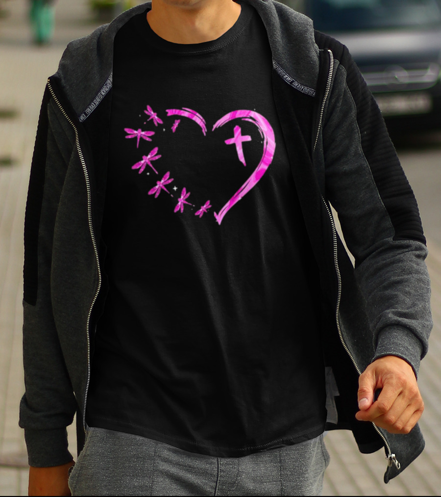 Dragonfly Pink Diamond Heart Cross Motif T-Shirt