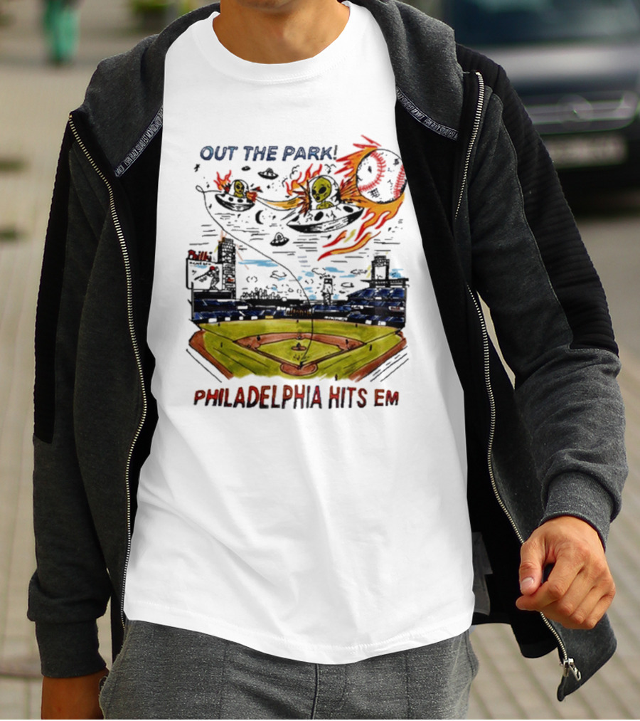 Out The Park Philadelphia Hits 'Em Alien Baseball Explosion T-Shirt