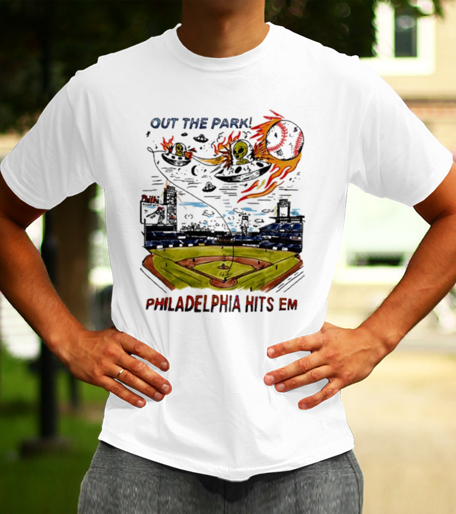 Out The Park Philadelphia Hits 'Em Alien Baseball Explosion T-Shirt