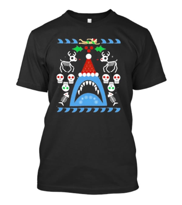 Santa Jaws Ugly Christmas Sweater With Shark, Skeleton Reindeer, And Skulls T-Shirt