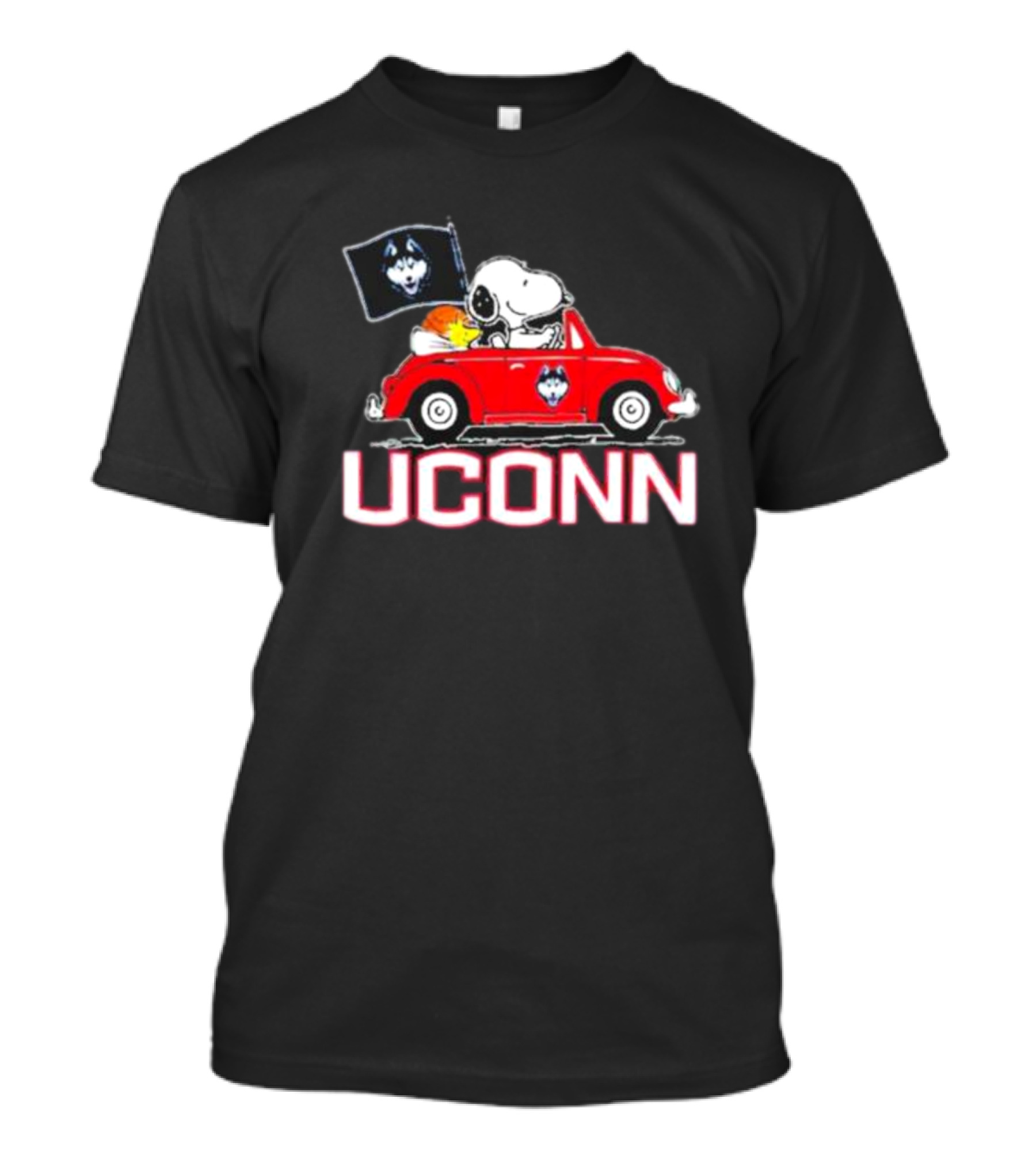 UCONN Huskies Snoopy And Woodstock Driving Red Car With Flag T-Shirt