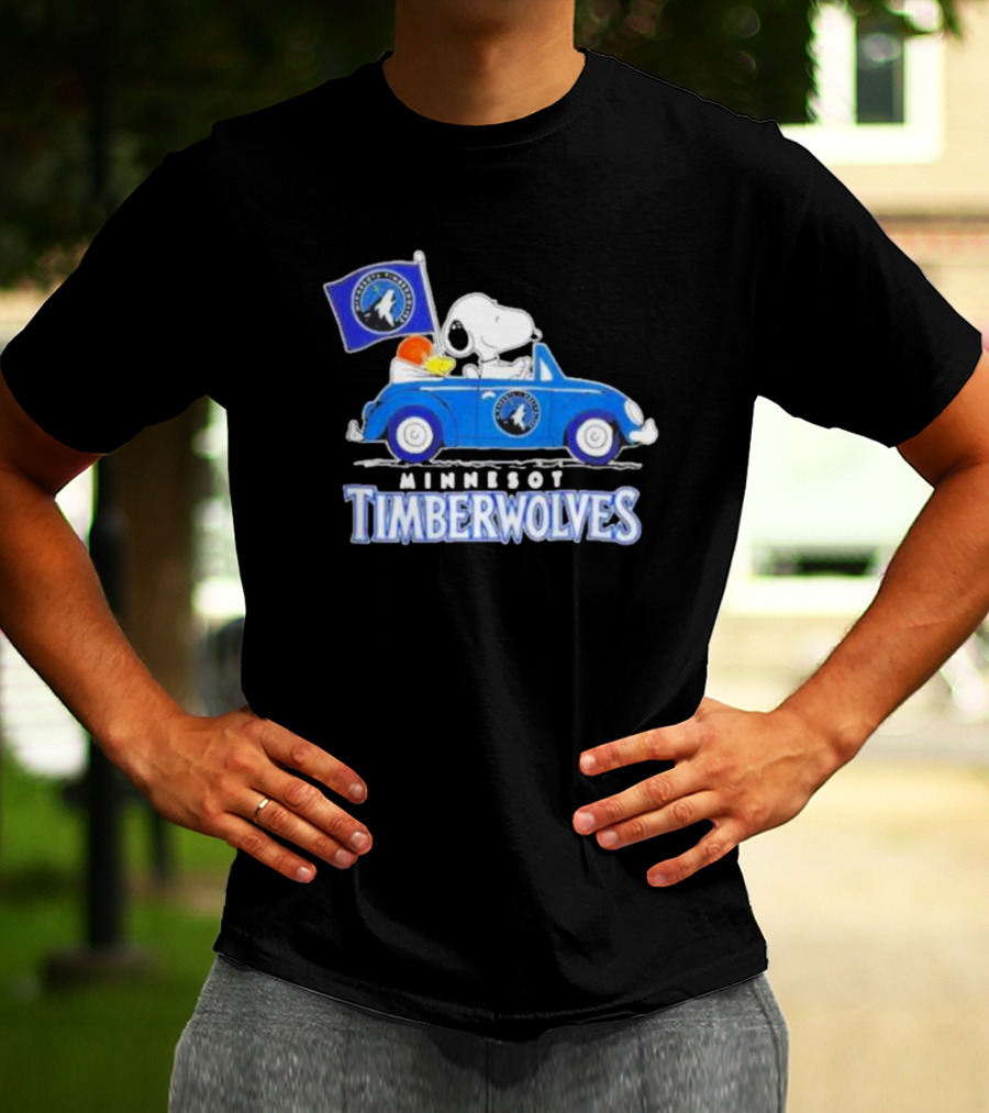 Minnesota Timberwolves Snoopy Dog Driving Blue Car Holding Basketball Flag T-Shirt