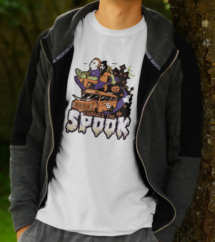 Embrace The Spook Bus With Horror Characters And Haunted House T-Shirt