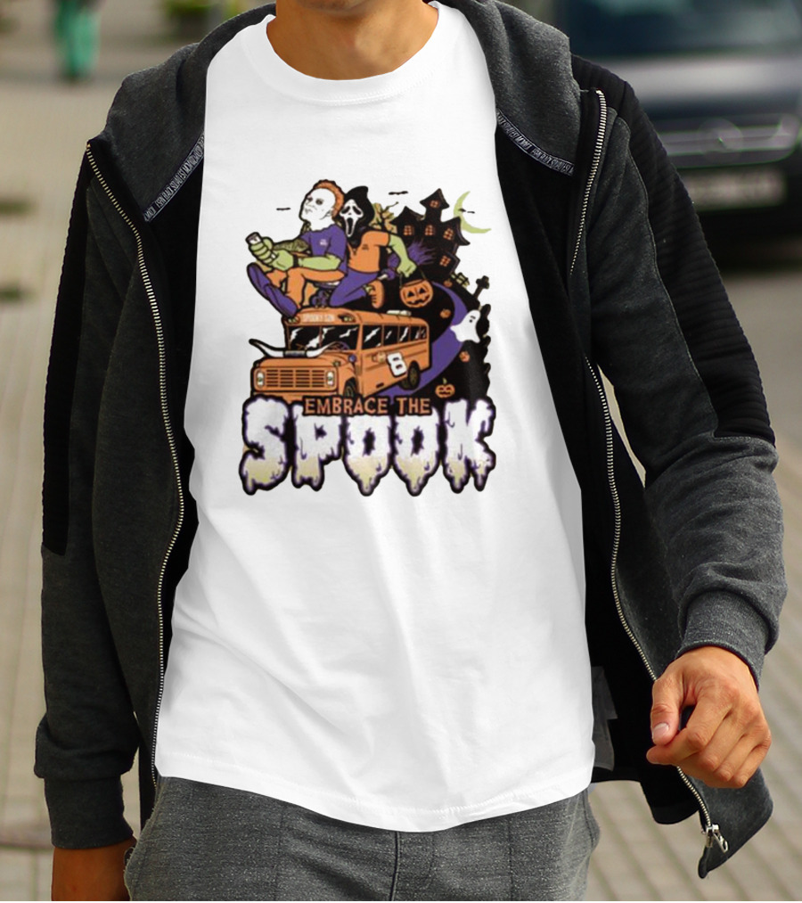 Embrace The Spook Bus With Horror Characters And Haunted House T-Shirt