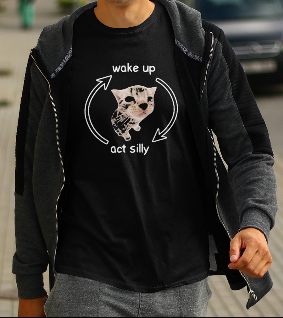 Wake Up Act Silly Cat Meme Cycle T-Shirt