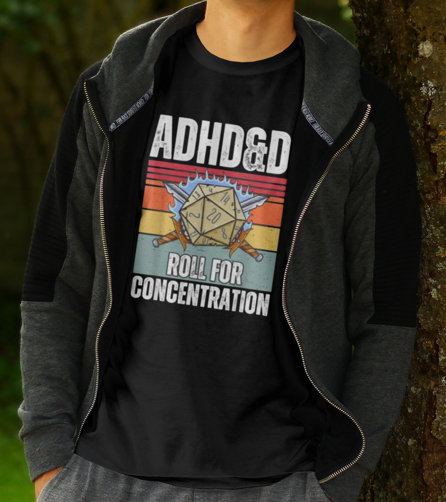 ADHD&D Roll For Concentration Retro Dice Sword Gamer T-Shirt
